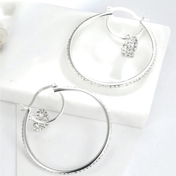 925 Sterling Silver Heart Pendant Circle Hoop Earrings With Natural Crystal Bead - Picture 2 of 4